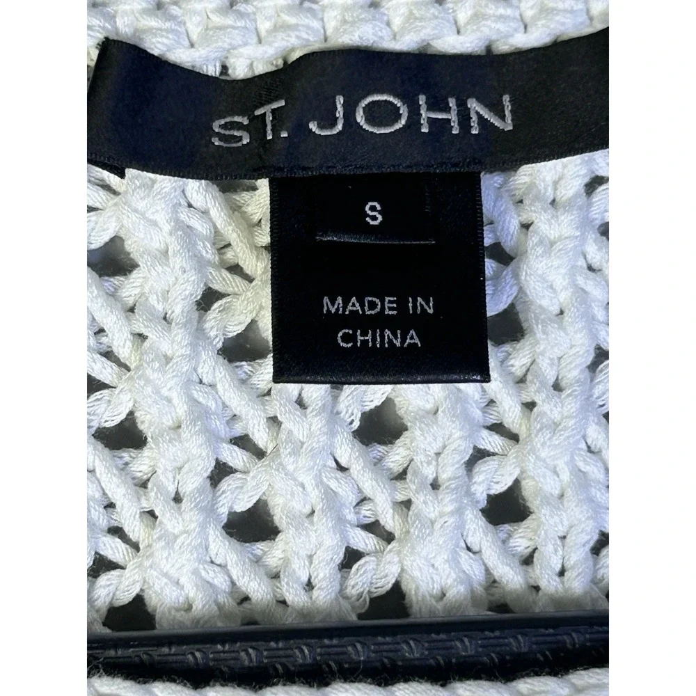 St. John cream white open-knit crewneck sweater Bell Sleeves S Quite Luxury